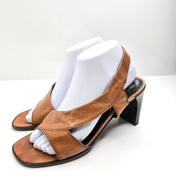 Vintage 90s Y2K Made in Italy Cognac Brown Leather Square Toe Block Heels - Picture 1 of 12